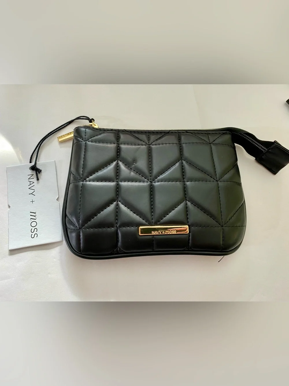 Navy+moss Quilted Zippered Pouch in Black